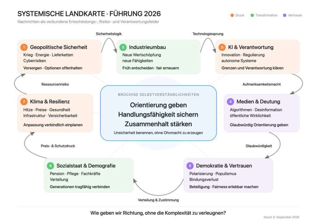 Systemische Landkarte Führung 2026 mit sieben verbundenen Entscheidungs-, Risiko- und Verantwortungsfeldern